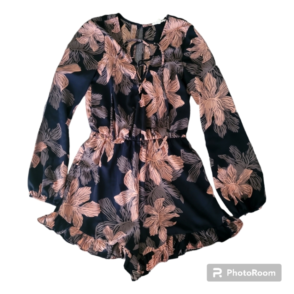 Floral Long-Sleeve Romper in Black and Blush